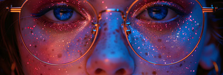 Close up of a female face in futuristic glasses. 3D renderingの素材