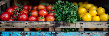 Variety of fresh organic tomatoes in wooden boxes on farmer market stallの素材