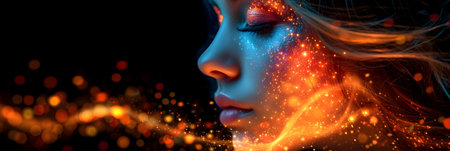 Beautiful female face with red and yellow neon lights. 3d renderingの素材