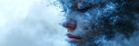 Double exposure of woman face and blue sky with clouds. 3D renderingの素材