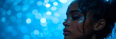 Beauty portrait of young african american woman on blue bokeh background.の素材