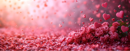 Valentine's day background with pink roses, hearts and falling petalsの素材