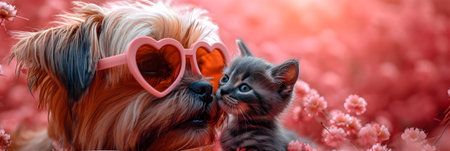 Cat and dog together with heart shaped glasses on pink flowers background.の素材
