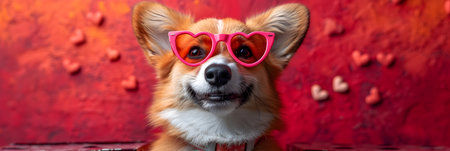 Red Corgi dog with heart shaped glasses on a red backgroundの素材