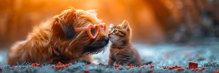Cat and dog playing together in the park. Selective focus.の素材