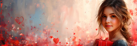 Valentine's Day. Portrait of a beautiful young woman holding a red gift box against a background of hearts.の素材