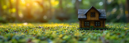 Miniature wooden house on green grass in the forest. Selective focus.の素材