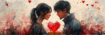Digital composite of Couple in love with red hearts and grunge backgroundの素材