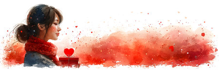 Valentine's day greeting card. Asian woman with gift box on watercolor background.の素材