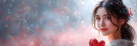 Portrait of a beautiful young woman with red heart on a winter backgroundの素材