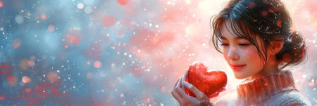 Portrait of a beautiful girl with red heart on a blue backgroundの素材