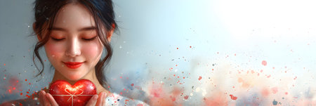 Beautiful young woman with red heart. Valentine's day concept.の素材