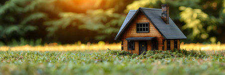 Miniature wooden house on green grass. Real estate concept. Selective focus.の素材
