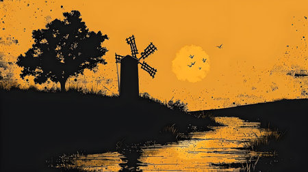 Sunset landscape with windmill and trees. Digital art painting.の素材