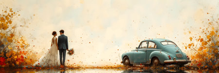 Wedding couple in a retro car on a background of autumn landscape.の素材