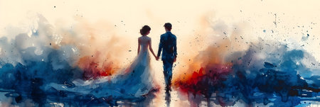 Bride and groom on a background of watercolor splashes. Digital painting.の素材