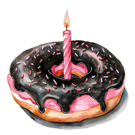 Illustration of a donut with a burning candle on a white backgroundの素材