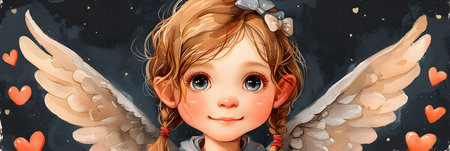 Cute little girl with angel wings and hearts on dark background.の素材