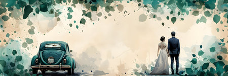 Wedding couple in front of a vintage car on a grunge backgroundの素材