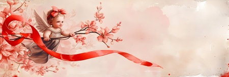 Cute little cupid with red ribbon and cherry blossom, bannerの素材