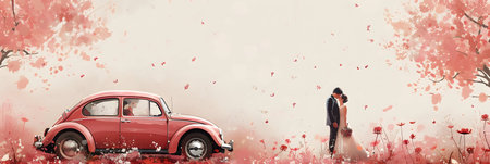 Wedding couple in love with red retro car. Wedding conceptの素材