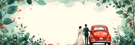 Wedding invitation card with bride and groom and vintage car.の素材