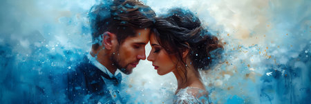 Handsome young man and beautiful woman on a blue background with splashes of paintの素材