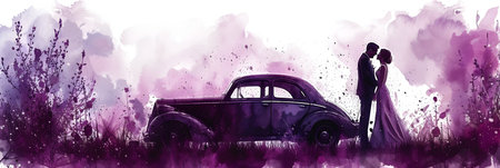 Wedding Couple in Love. Silhouette of a bride and groom on the background of an old carの素材