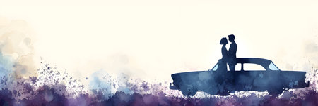 Wedding Couple in Car Silhouette with Watercolor Backgroundの素材
