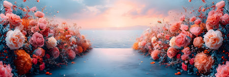 Beautiful flowers on the background of the sea. Panorama.の素材