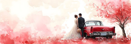 Wedding couple in retro car. Horizontal banner with copy spaceの素材