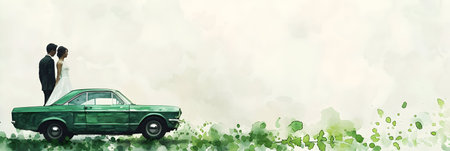 wedding couple on the background of the old car and green leavesの素材
