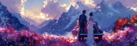 Wedding couple on the background of the mountains. Illustrationの素材