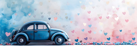 Blue retro car on the background of hearts. 3d illustration.の素材