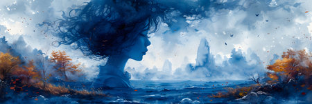 Digital painting of a beautiful woman in a foggy forest. 3D renderingの素材