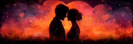 Silhouette of a man and a woman in love on a background of heartsの素材