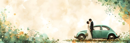 Beautiful wedding couple, bride and groom, kissing and embracing near retro carの素材