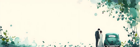 Wedding Couple Carriage Landscape Background Concept Copy Spaceの素材