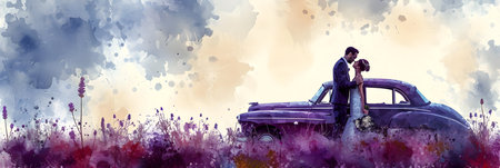 Romantic couple kissing in the cabriolet. Digital painting.の素材