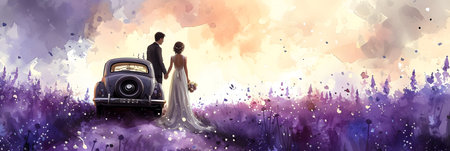 Wedding couple on a background of purple lavender with a retro carの素材