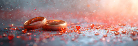 Wedding rings with red hearts on bokeh background.の素材