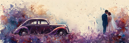 Wedding couple in love with retro car. Digital watercolor painting.の素材
