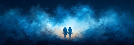 Halloween background. Silhouette of a man and a woman in a night sky.の素材