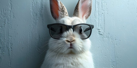 Rabbit wearing sunglasses on a gray background. Cute white rabbit.の素材