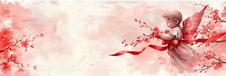 Cute little angel with red ribbon and cherry blossom background.の素材