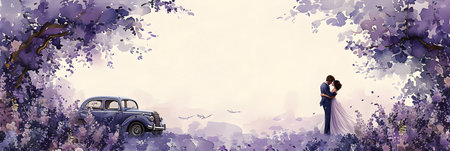 Wedding couple in love. Romantic background with vintage car.の素材
