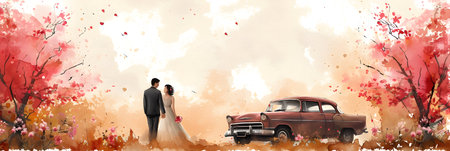Wedding Couple - Vintage Retro Car and Flowers Background.の素材
