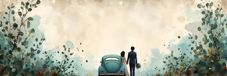 Wedding invitation card. Bride and groom with wedding carriage in the forest.の素材