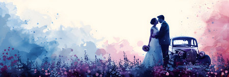 Wedding couple in love, bride and groom on the background of an old carの素材