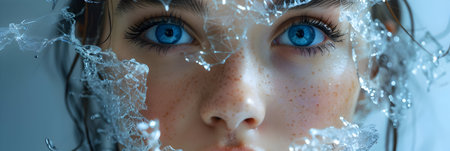 Close-up portrait of a beautiful young woman with blue eyes in water.の素材